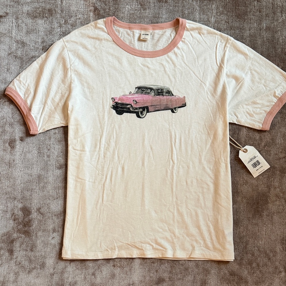 Re/Done Men’s Cream Tee with Pink Car Graphic